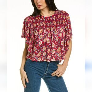 Free People Rikki Red Floral Smocked Flare Top XS (Bx24)